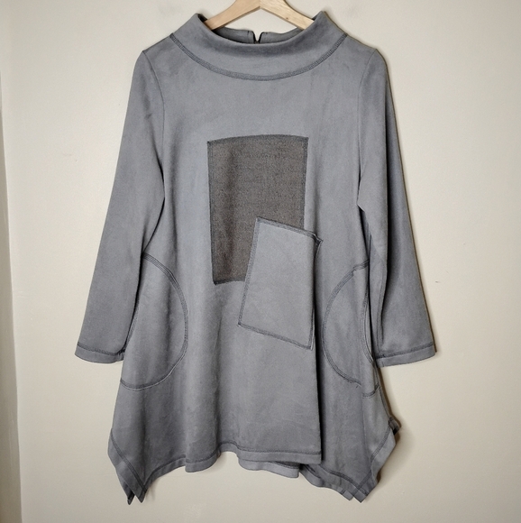 IC by Connie K Lagenlook Tunic Top S Asym Hem Patch Pockets Funnel Neck Gray - Picture 3 of 11